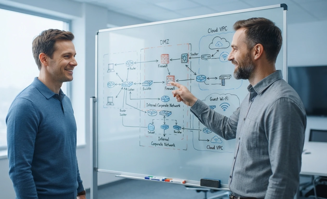 IT HELP technician connecting network cabling in a rack while building company infrastructure