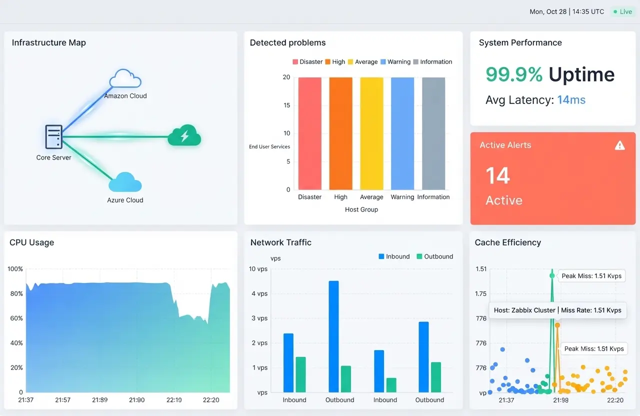 Example of a monitoring dashboard: infrastructure map, 99.9% availability, active alerts and system load in real time