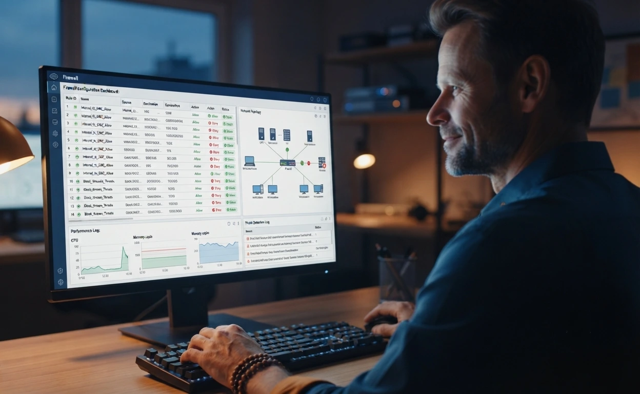 IT HELP technician setting up firewall configuration to security standards