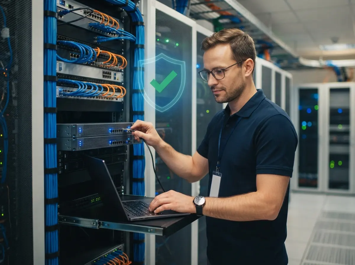 An IT HELP specialist running a penetration test of a corporate network in a server room