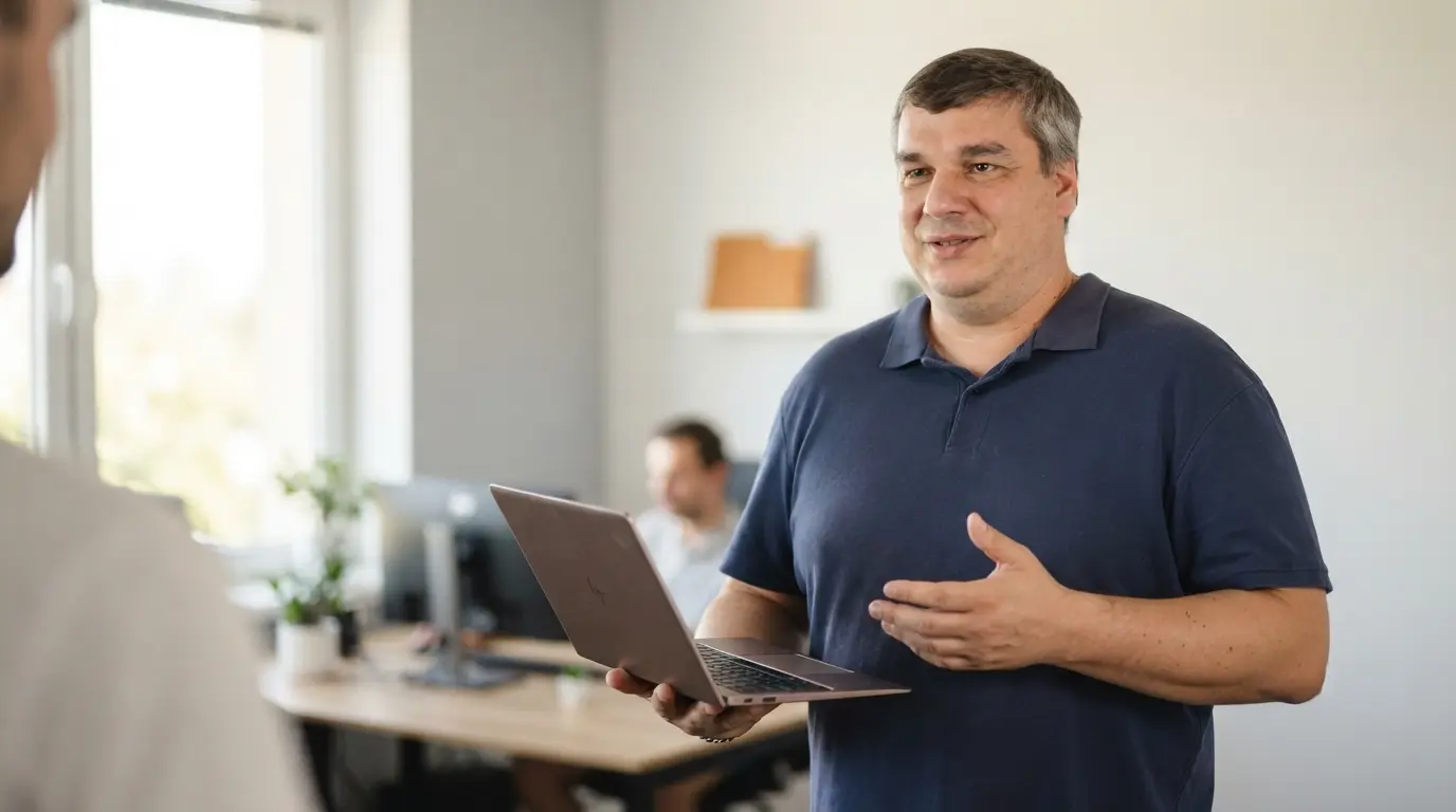 IT HELP technician with a laptop setting up cloud services for a company